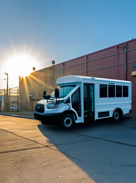 White shuttle bus parked next to a prison near New Orleans